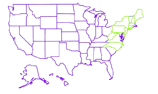 Map of USA showing tattoo artist work locations: Boston, New York, California, Florida, America